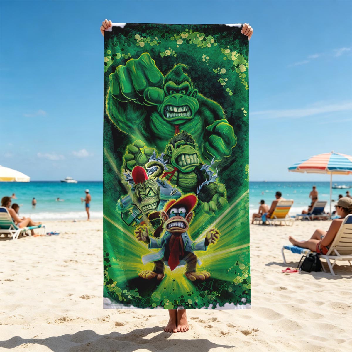 Donkey Kong, Diddy Kong, and King K. Rool in a dynamic green energy burst - Beach towels