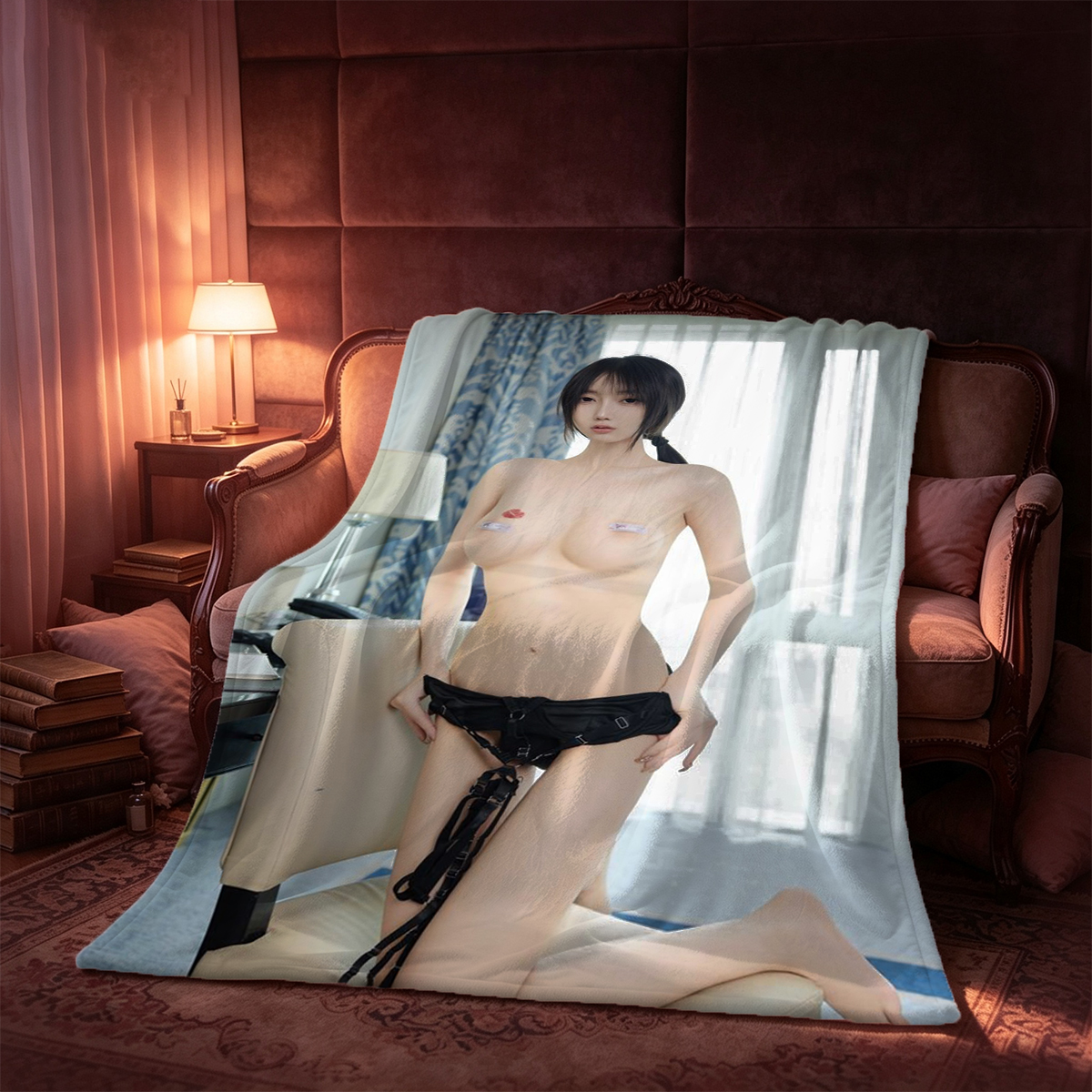 Two nude Asian women in sheer panties kneeling and embracing on a rug. - Blanket