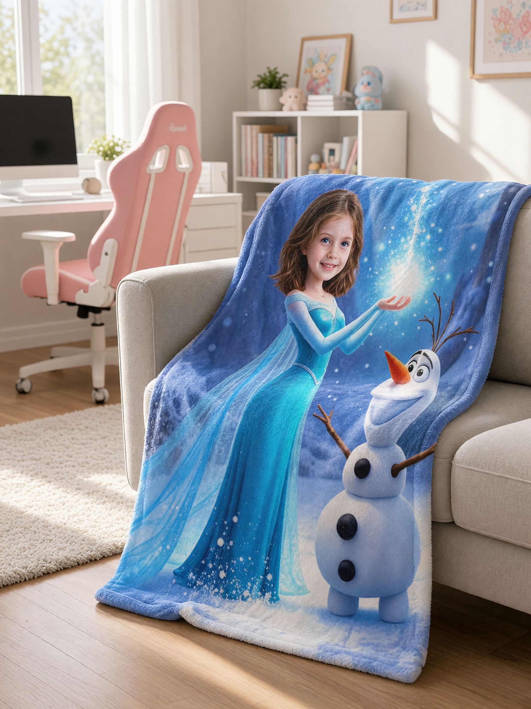 Custom Photo Ice Princess Blanket, Ultra Soft Flannel Throw with Snowman, Ideal Personalized Gift for Kids and Girls
