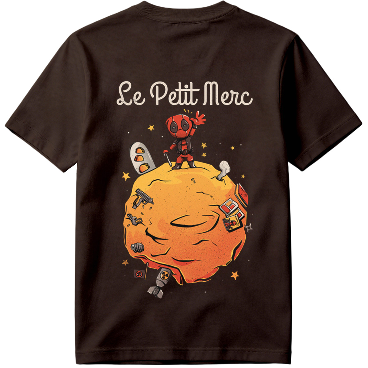 Deadpool on a Planet with Weapons and Space Items - Tee