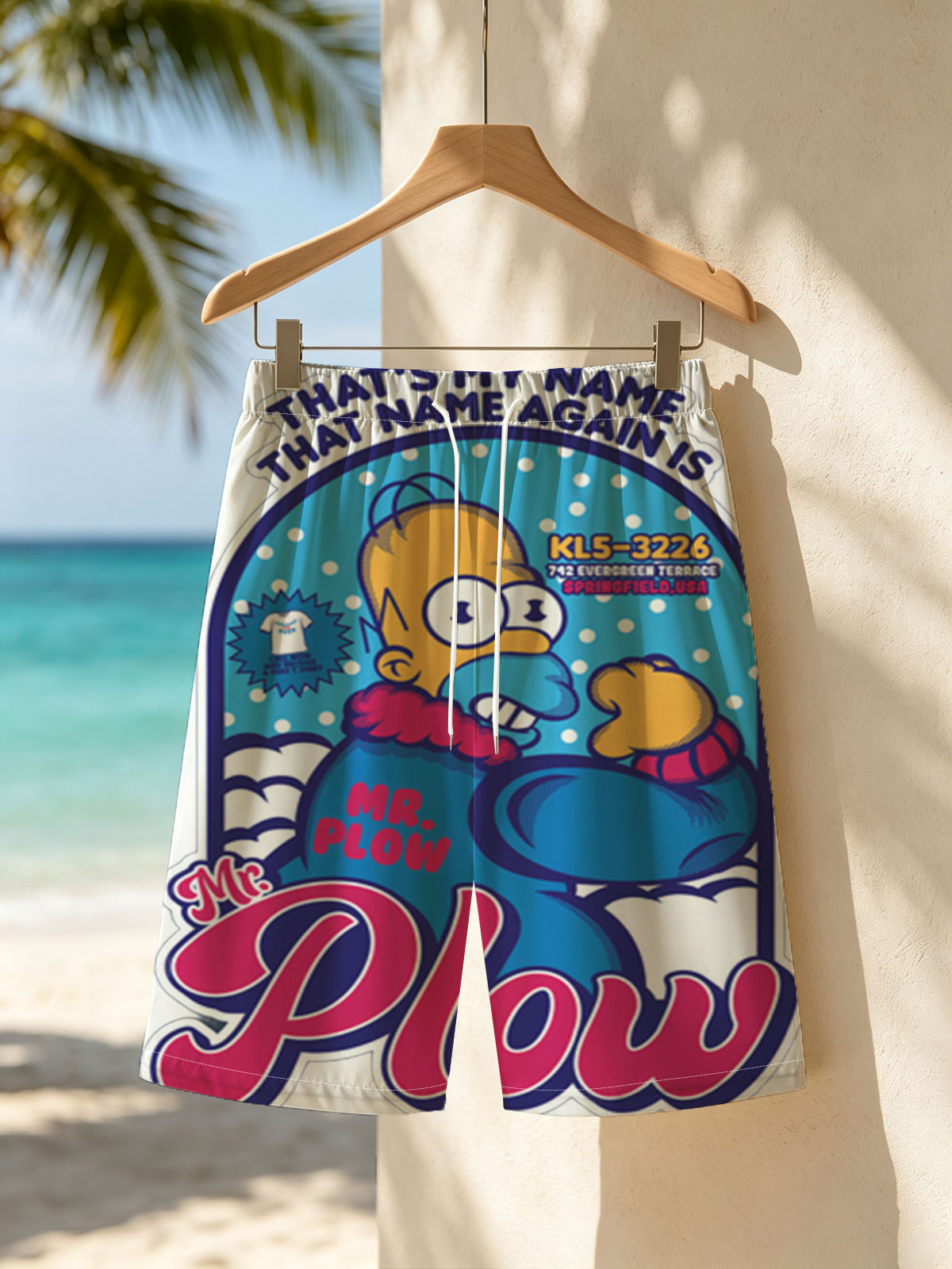 Homer Simpson as Mr. Plow, Springfield USA, KL5-3226, Evergreen Terrace -  Beach shorts