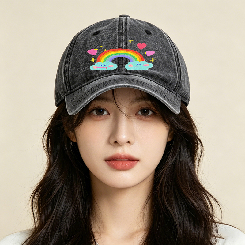Unisex Classic Washed Cap with Rainbow Clouds and Hearts Print - Perfect for Casual Outings, Travel, and Daily Wear - Ideal for Teens and Adults Who Love Fun, Whimsical Designs