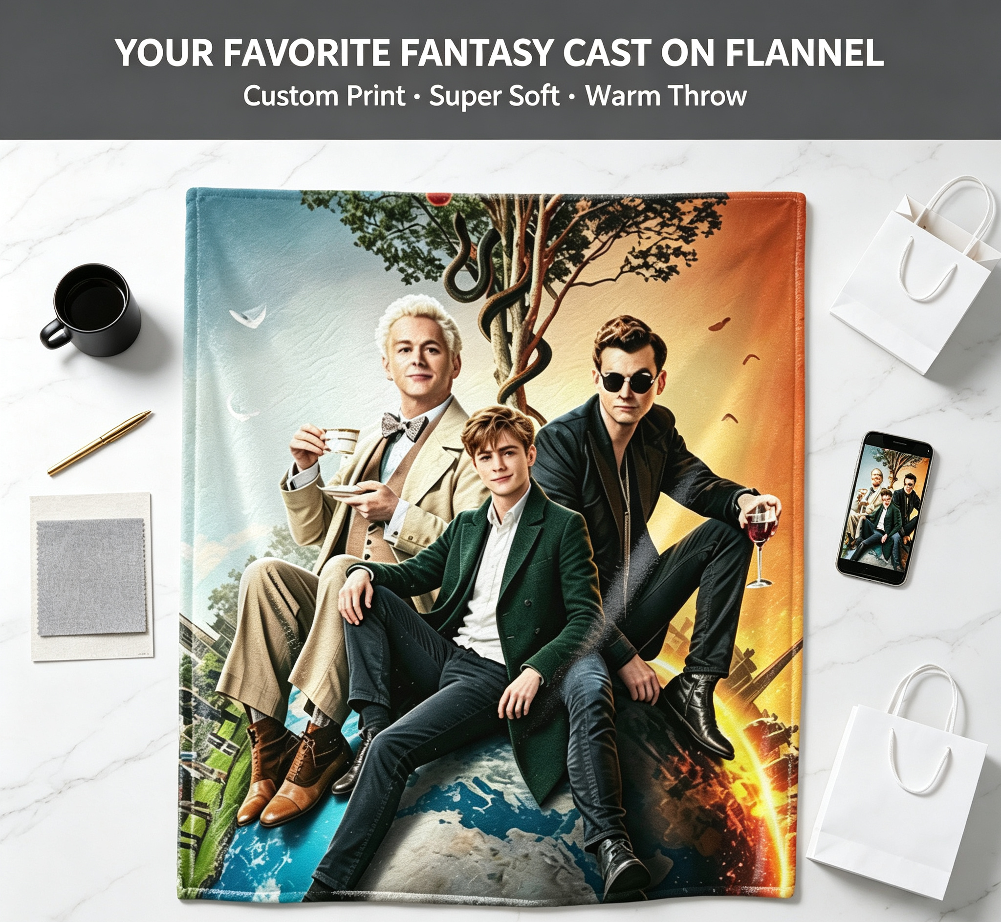 Custom Face Blanket Good Omens Flannel Blanket Featuring Aziraphale and Crowley Perfect for Fans of the TV Series Ideal Gift for Book and Show Lovers Cozy Throw for Couch or Bed Giveaway Item