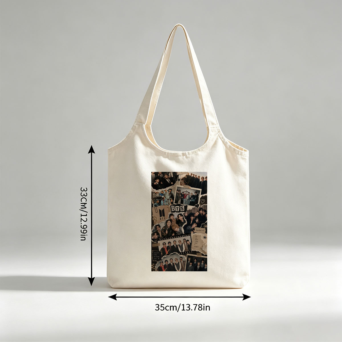 BTS Group Photo Collage Featuring Members in Various Outfits and Settings with Fans and Teamwork Theme - Canvas shoulder bags/