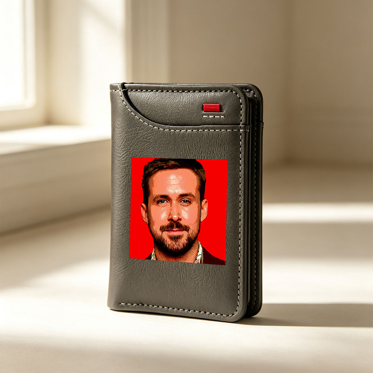 Ryan Reynolds in a bold red portrait with a stylish suit and patterned shirt, showcasing his signature charm and confidence. - Vertical Style Wallet