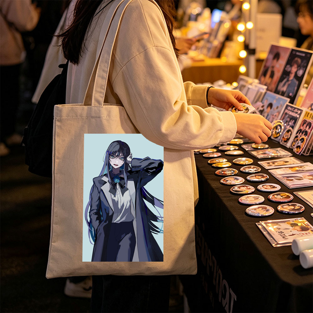 Anime Character in Formal Attire with Blue Rose and Long Hair - Canvas tote bags