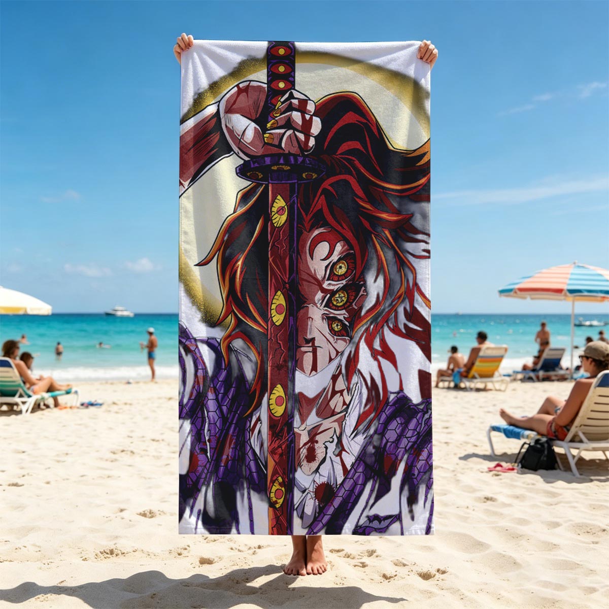 Demon Slayer: with Blood-Stained Sword and Fiery Eyes - Beach towels