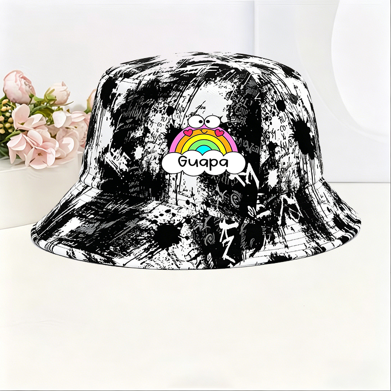 Unisex Classic Graffiti Bucket Hat with Rainbow Heart Eyes Design and 