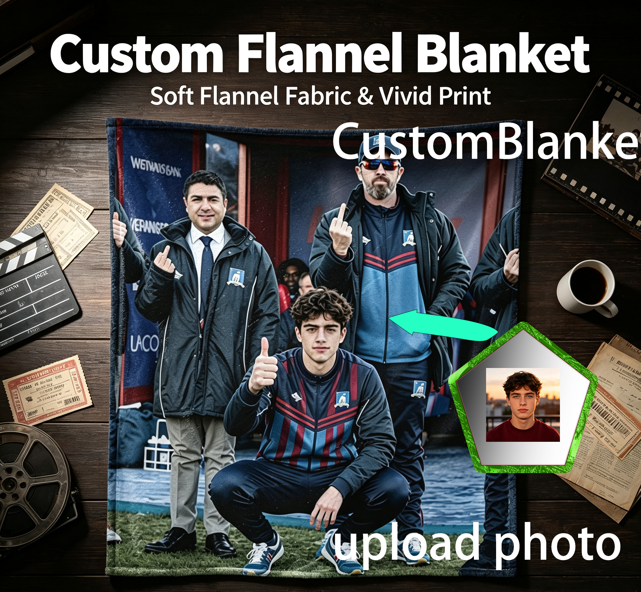 Custom Face Blanket Featuring Football Team Portrait Flannel Blanket for Home Decor and Fan Gifts