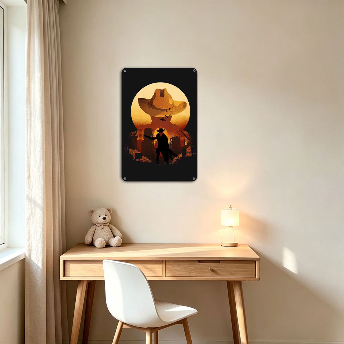 The Cowboy Silhouette Against a Moonlit Cityscape - painting