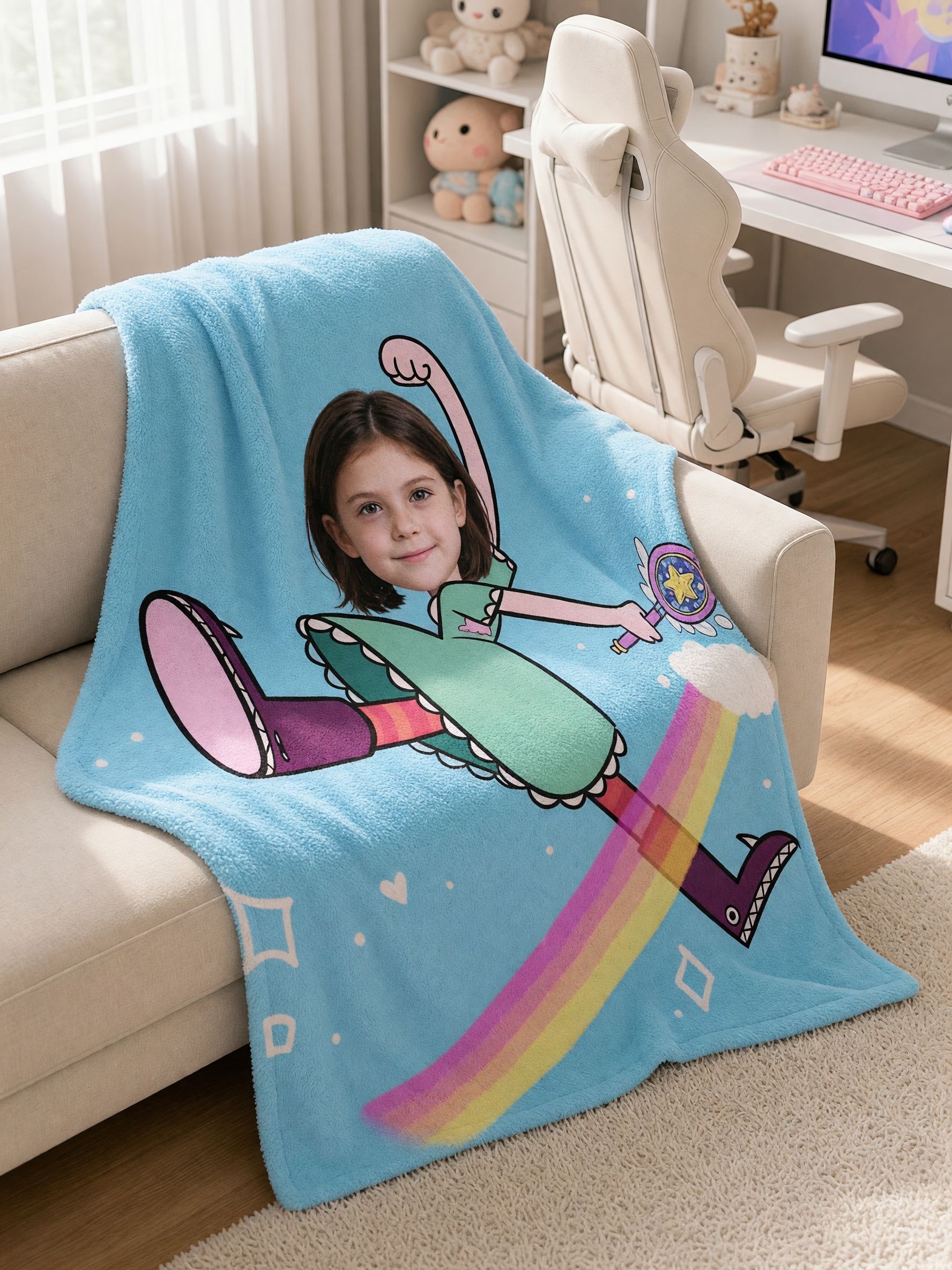 Custom Face Photo Blanket Personalized Magical Cartoon Rainbow Flannel Throw, Soft Keepsake Gift for Kids and Family