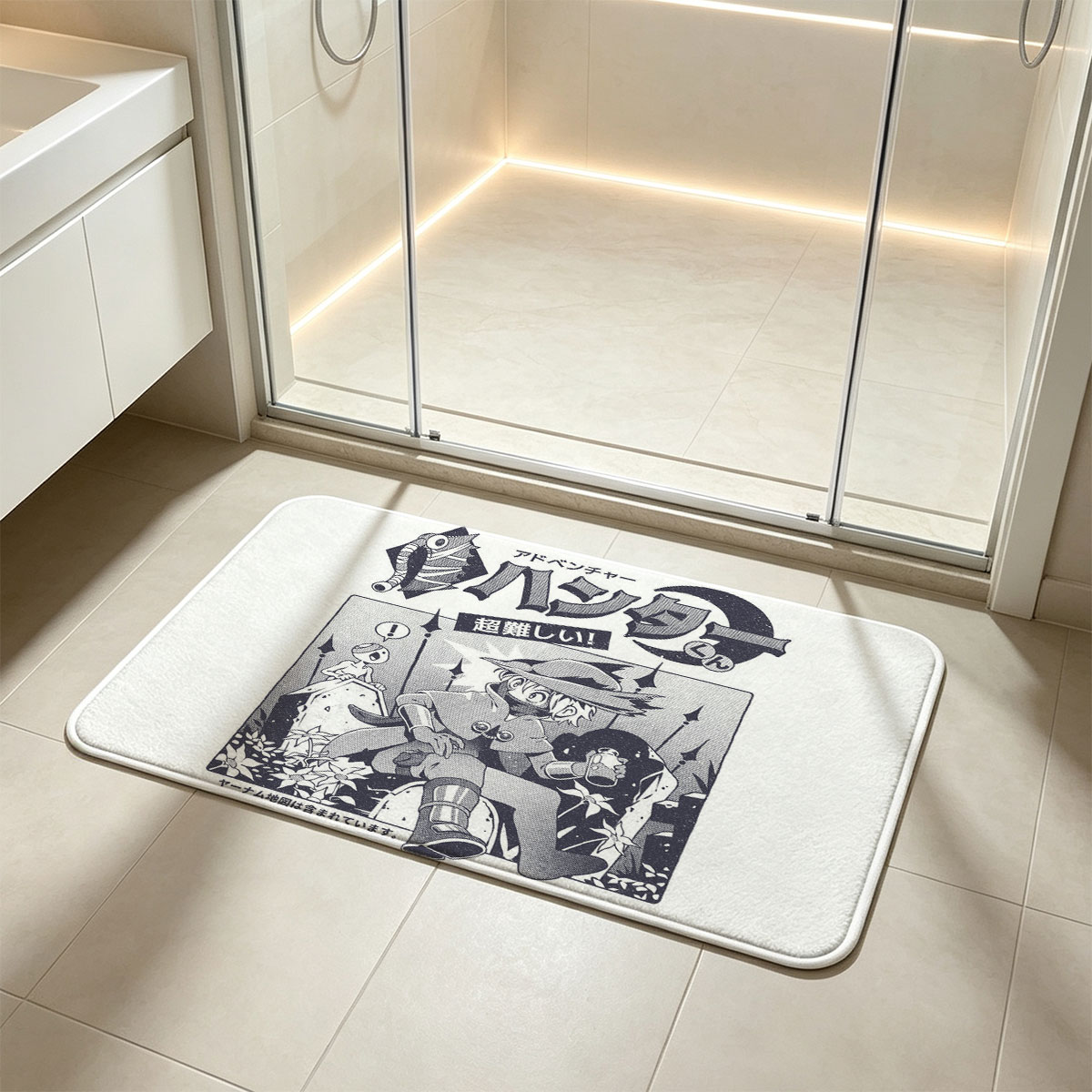 Adventure Hantaro: Super Hard! Featuring the protagonist in a dynamic pose with a magical creature, set against a mystical backdrop. - Flannel floor mat