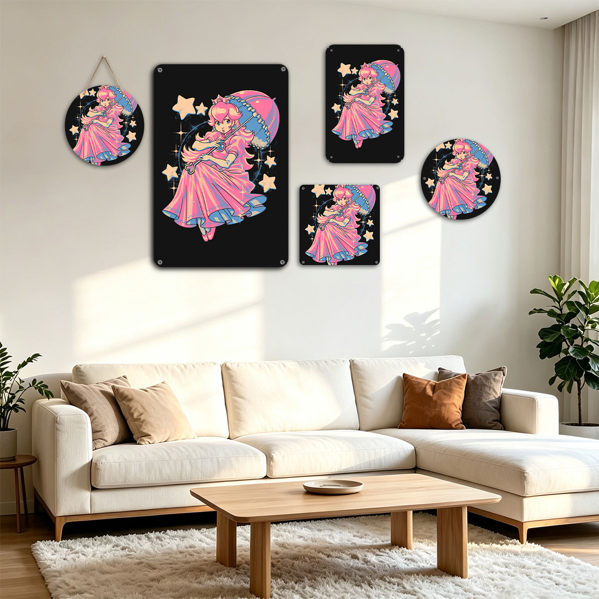 Princess Peach in Pink Gown with Umbrella and Stars - painting