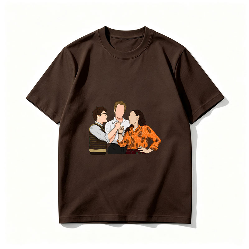 Three Characters in a Tense Interaction: Man in Vest, Central Figure, and Woman in Orange Shirt - Tee