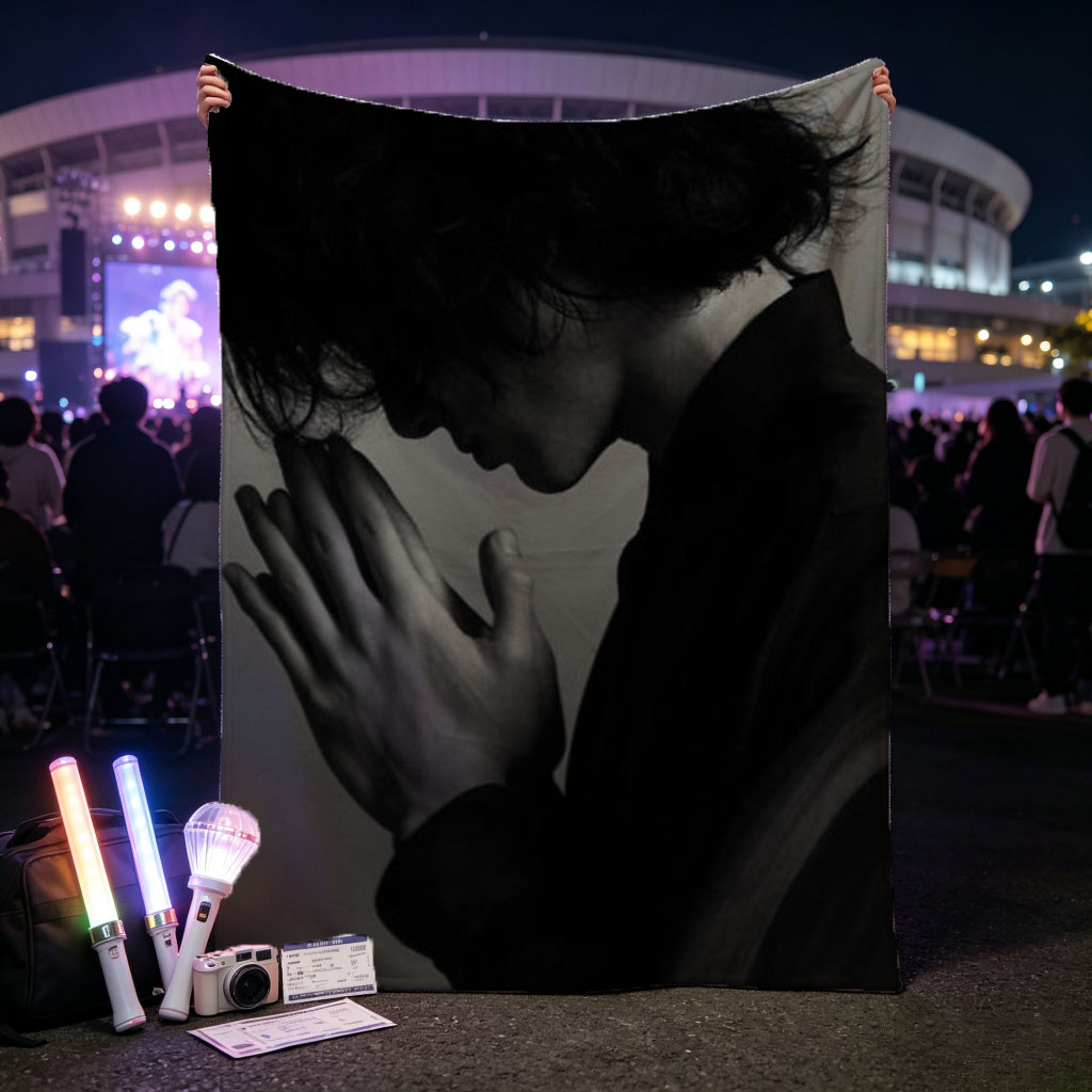 Yojiro Noda in a contemplative pose with hands clasped, captured in dramatic black and white lighting. - Blankets