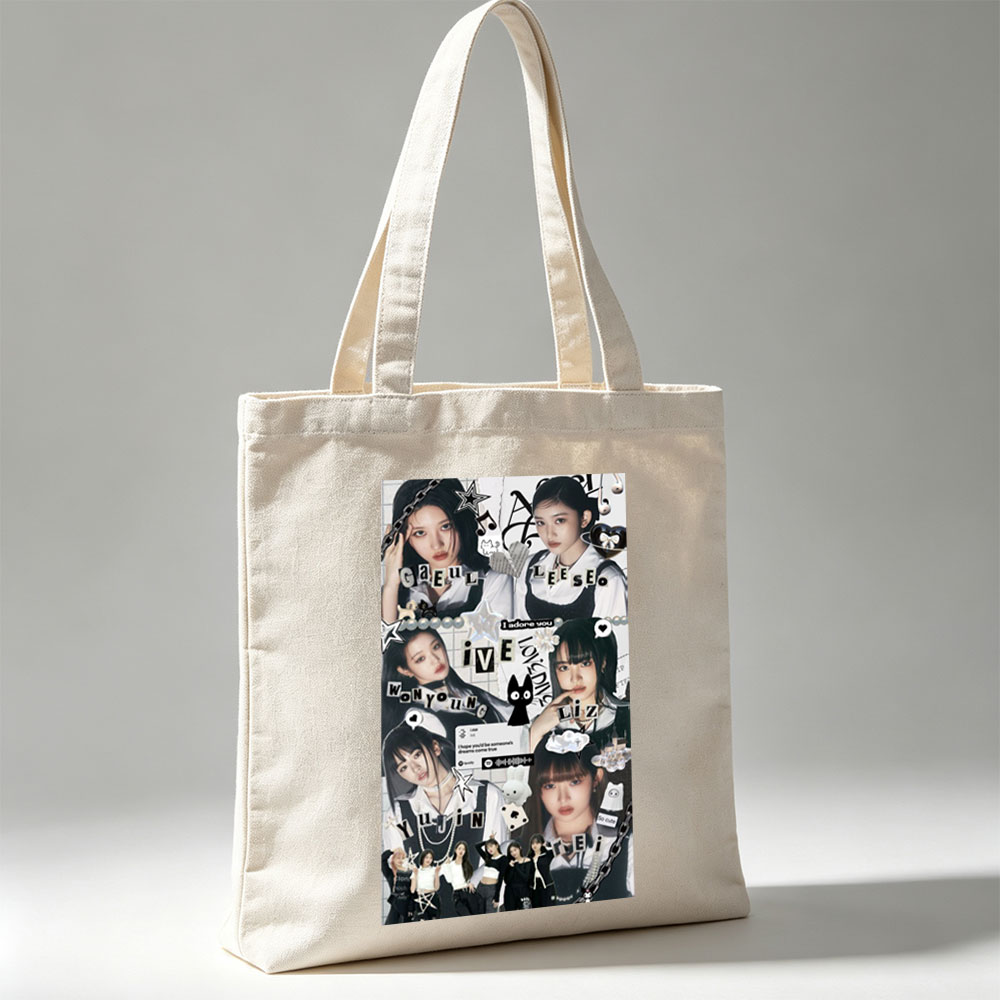 IVE Members in a Stylish Collage Featuring Fashion, Music Notes, and Cute Icons - Canvas tote bags