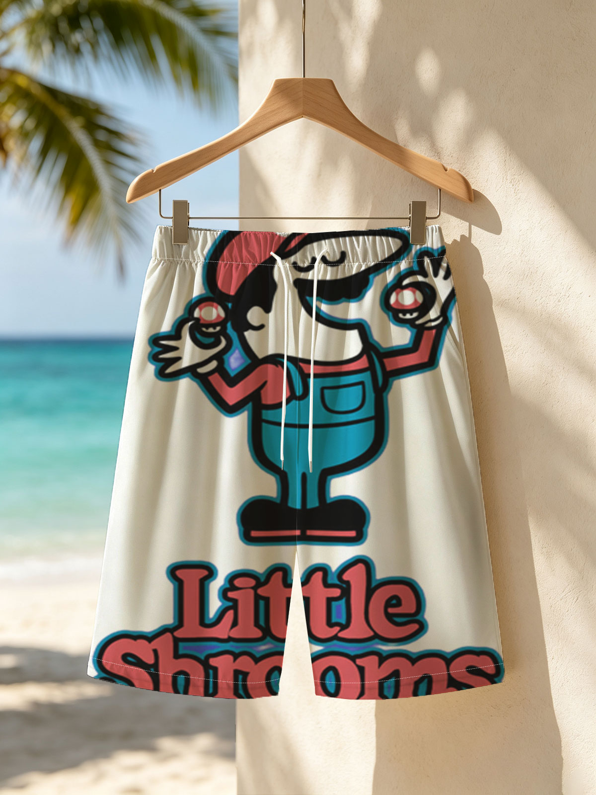 Little Shrooms: Mario-Inspired Mushroom Character with Red Caps and Blue Overalls -  Beach shorts