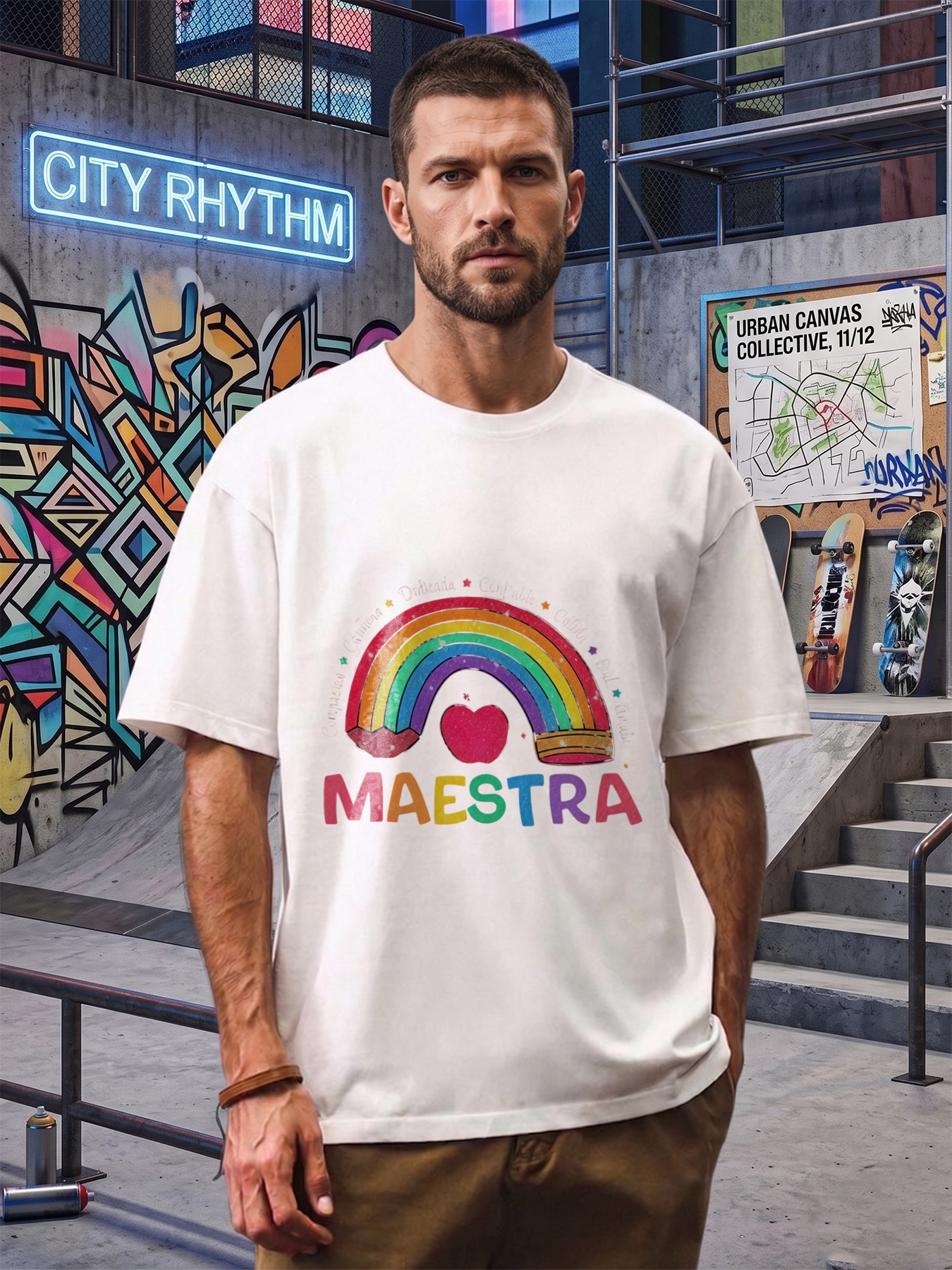 Men's Printed T-Shirt Rainbow Heart Design 