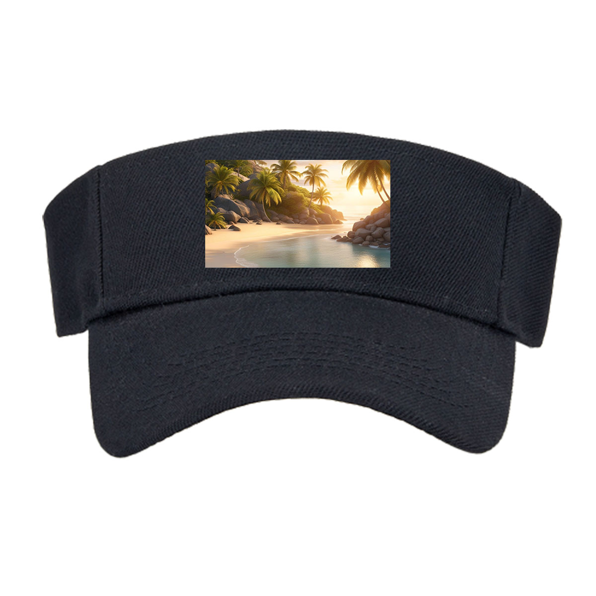 Serene Tropical Beach at Sunset with Palm Trees and Calm Waters -  Visor cap