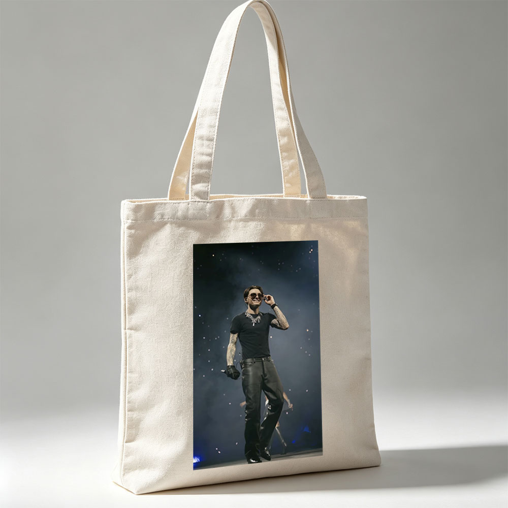Machine Gun Kelly on Stage Performing in Black Outfit with Tattoos and Sunglasses - Canvas tote bags