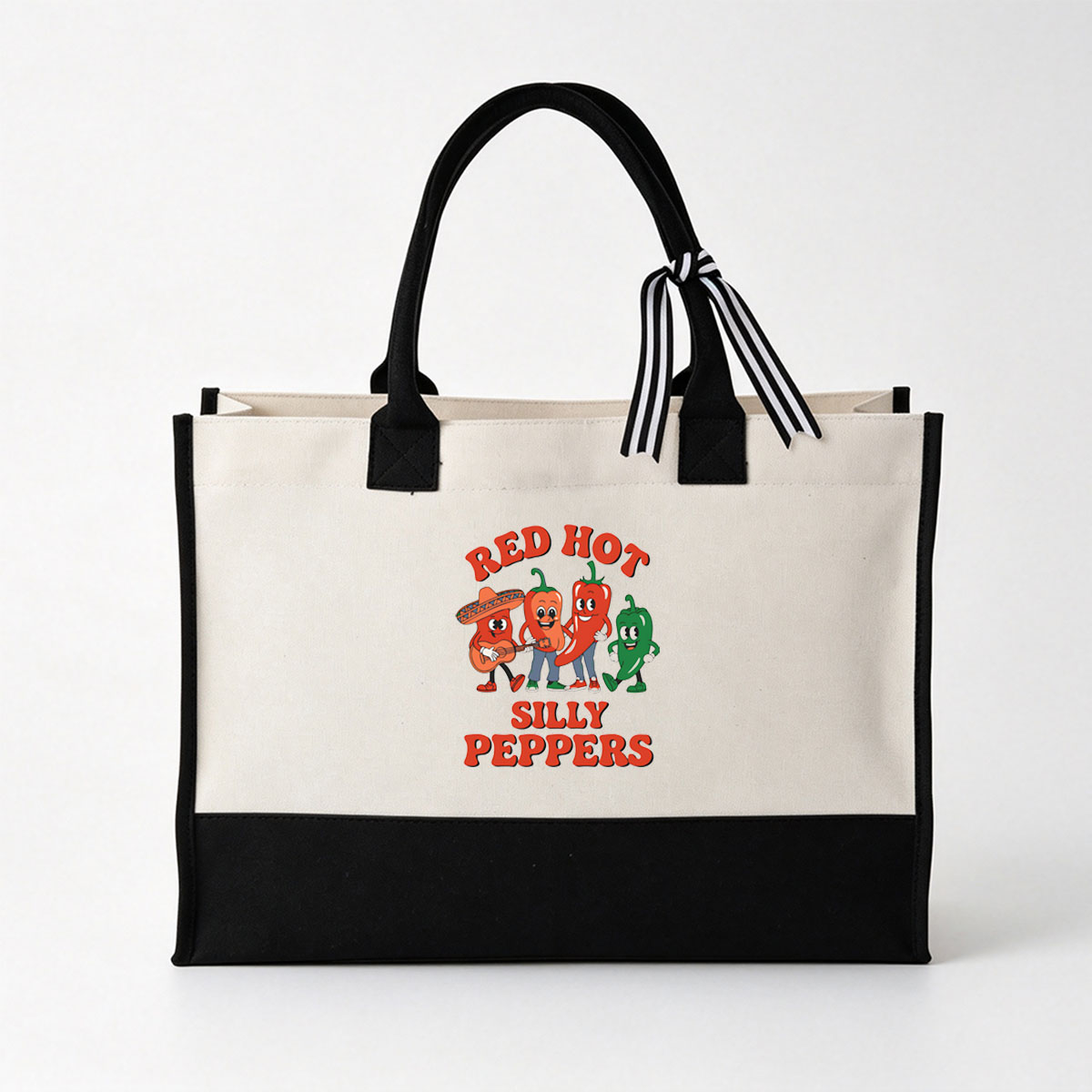 Red Hot Silly Peppers: Animated Chili Peppers Band with Guitar and Sombrero - Canvas patchwork gift tote bag