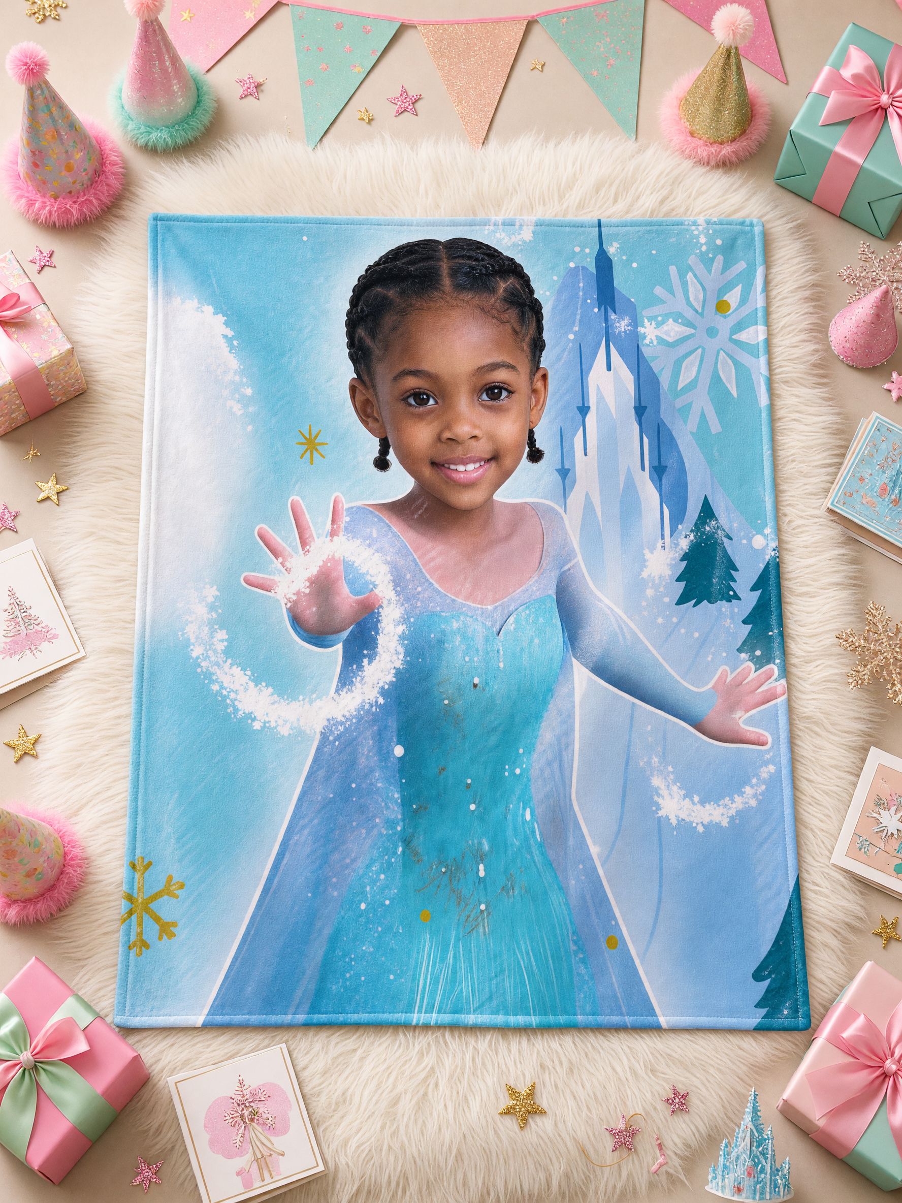 Custom Face Blanket Personalized Ice Princess Flannel Fleece Throw Soft Warm Anti-Pilling Kids Photo Gift for Couch Bed