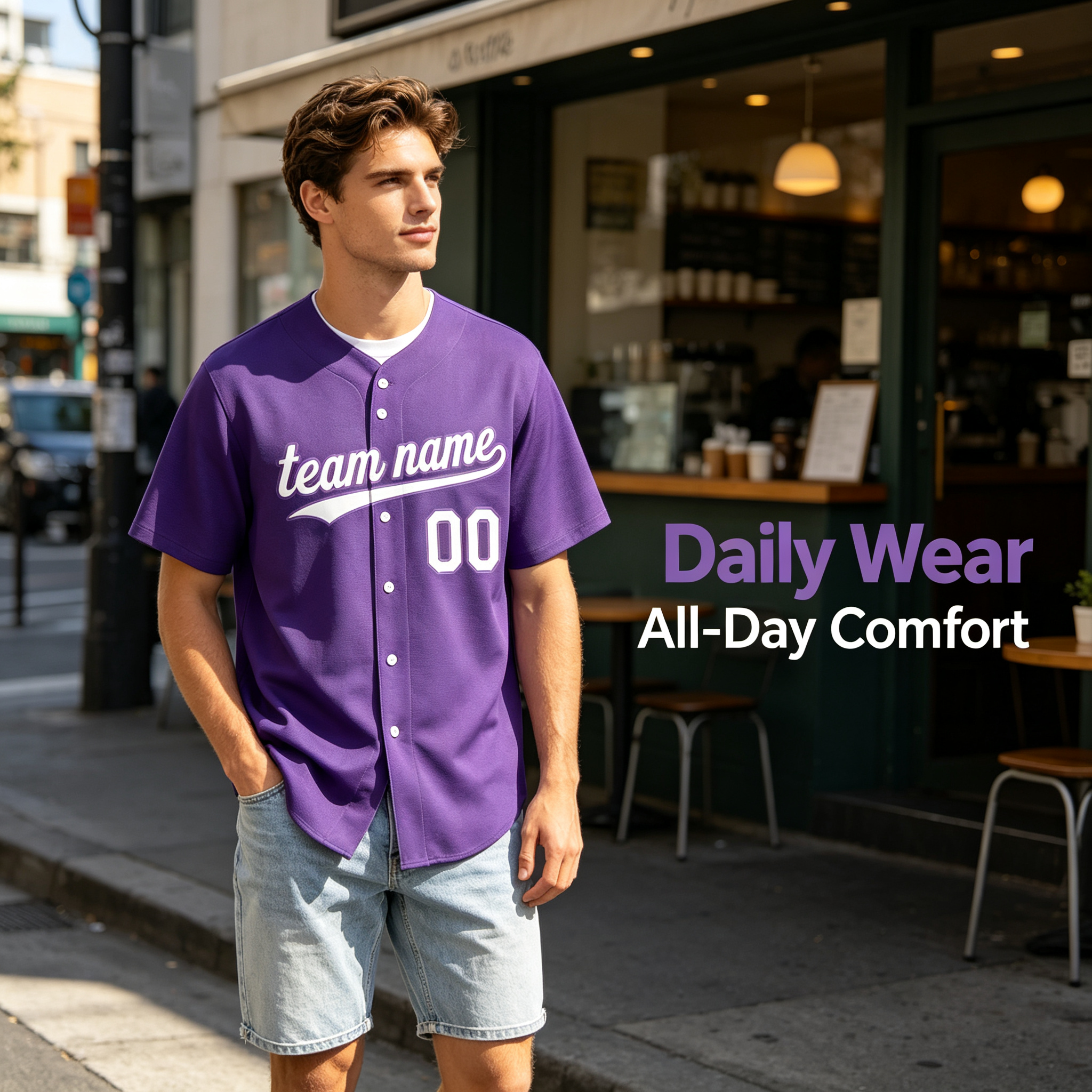 Custom Printed Colorado Mountain Style Baseball Jersey Royal Purple Short Sleeve Button Down Shirt for Men and Women