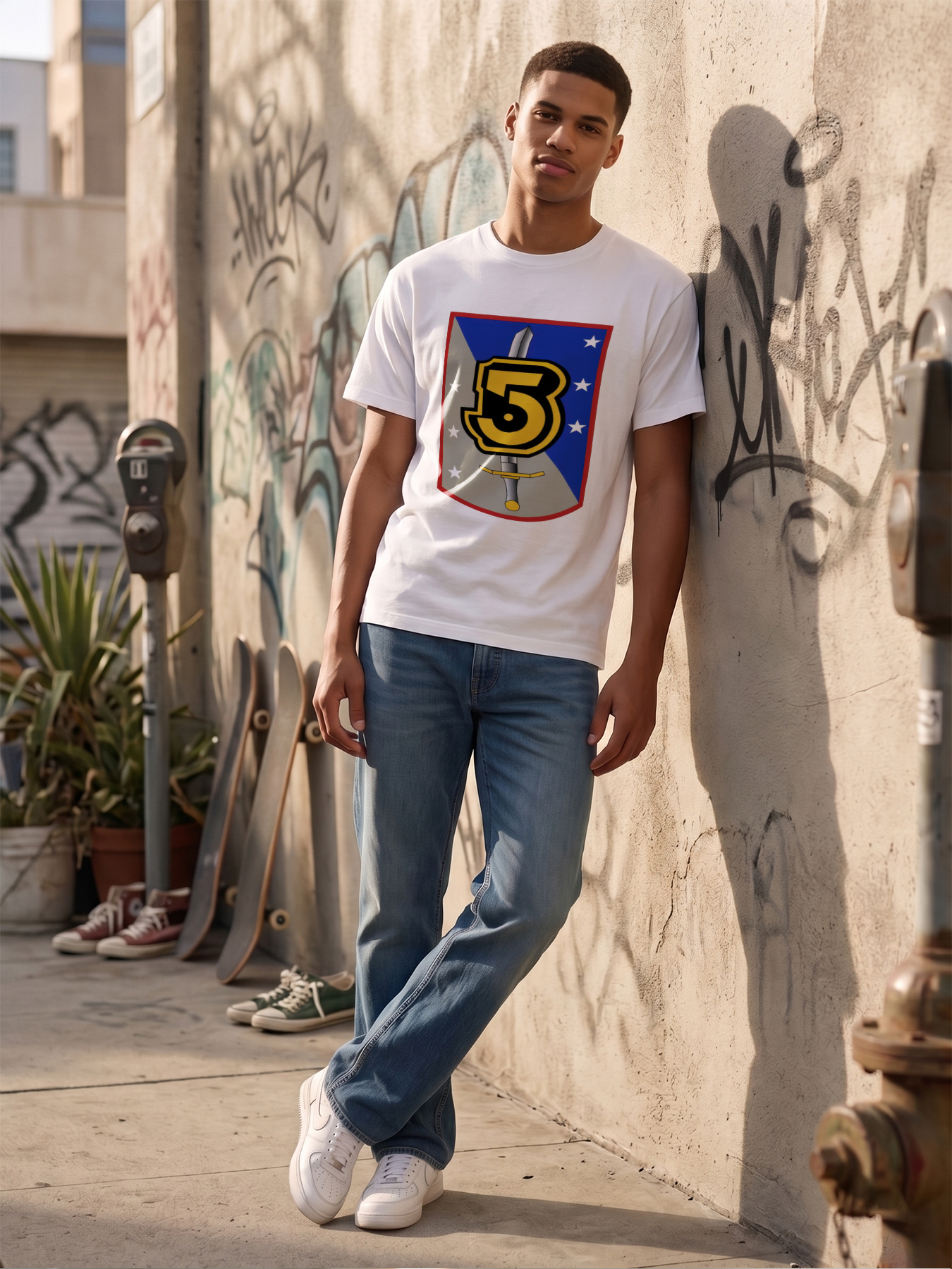 Men's Printed T-Shirt with Number 5 Sword Shield Design, Casual Round Neck Summer Lightweight Breathable Short Sleeve Tee for Military Enthusiasts and Outdoor Activities