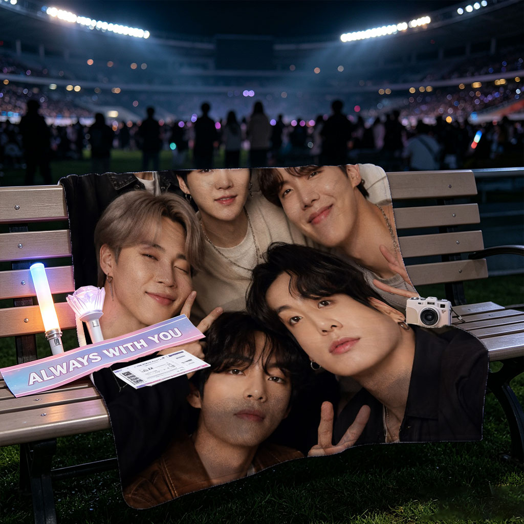 BTS Group Photo - Seven Members Posing Together with Peace Signs and Smiles Against a Purple Background - Blankets