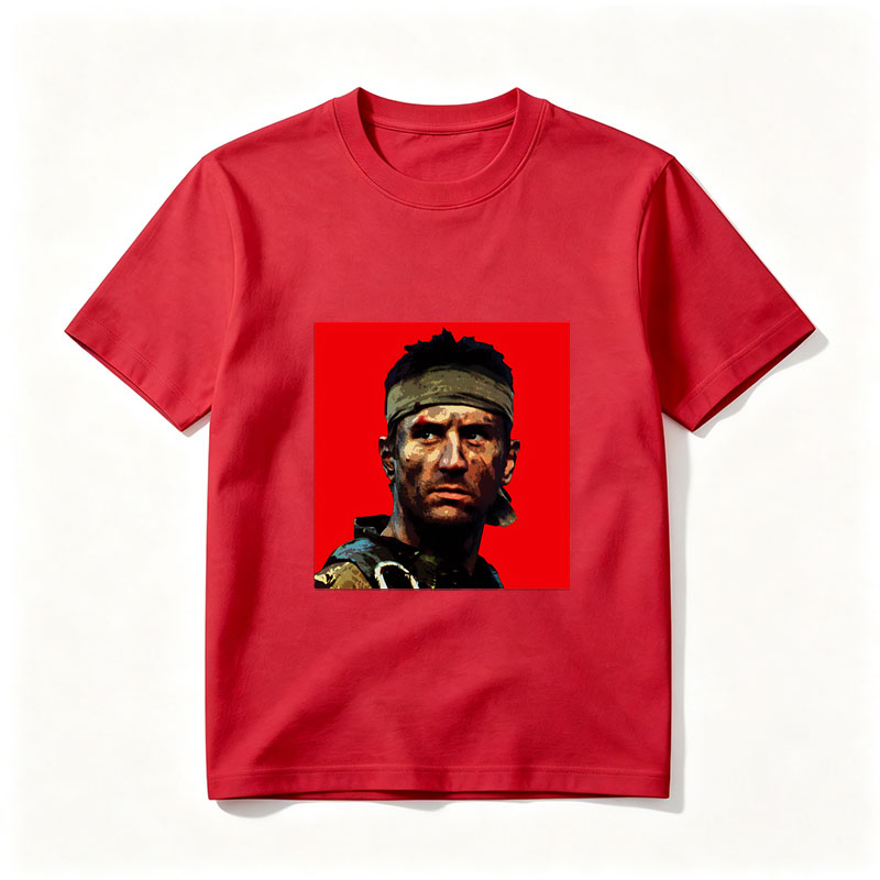 John McClane in Die Hard, intense action hero with headband and rugged look against red background - Tee