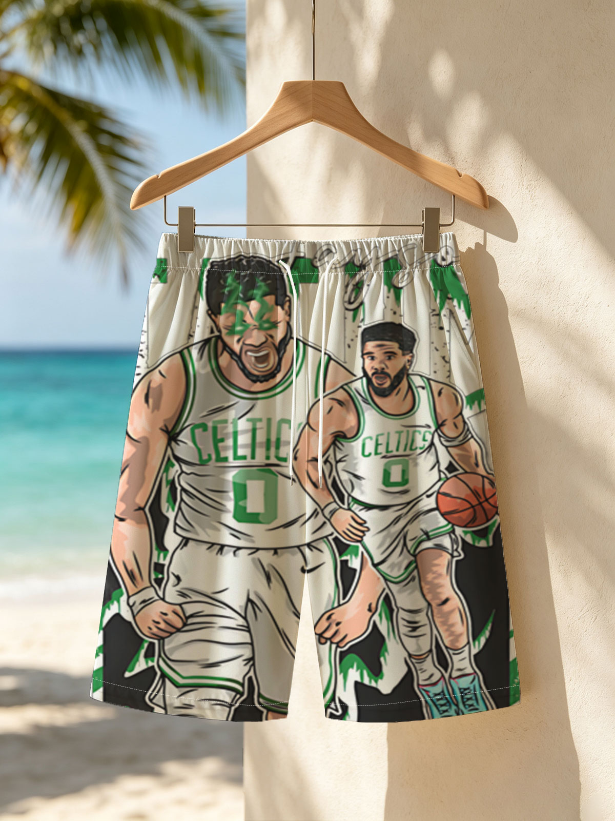 Jayson Tatum in Celtics Uniform, Basketball Action Art -  Beach shorts