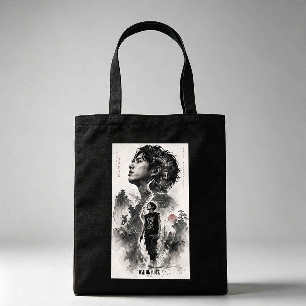 ONE OK ROCK TAKA in a Dramatic Monochrome Portrait with Traditional Japanese Landscape and Urban Elements - Canvas tote bags