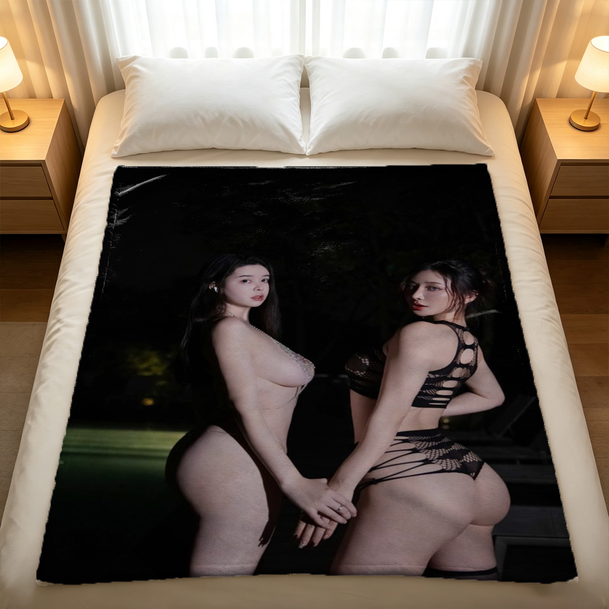Two bare feet with wrinkled soles raised in bed. - Blanket