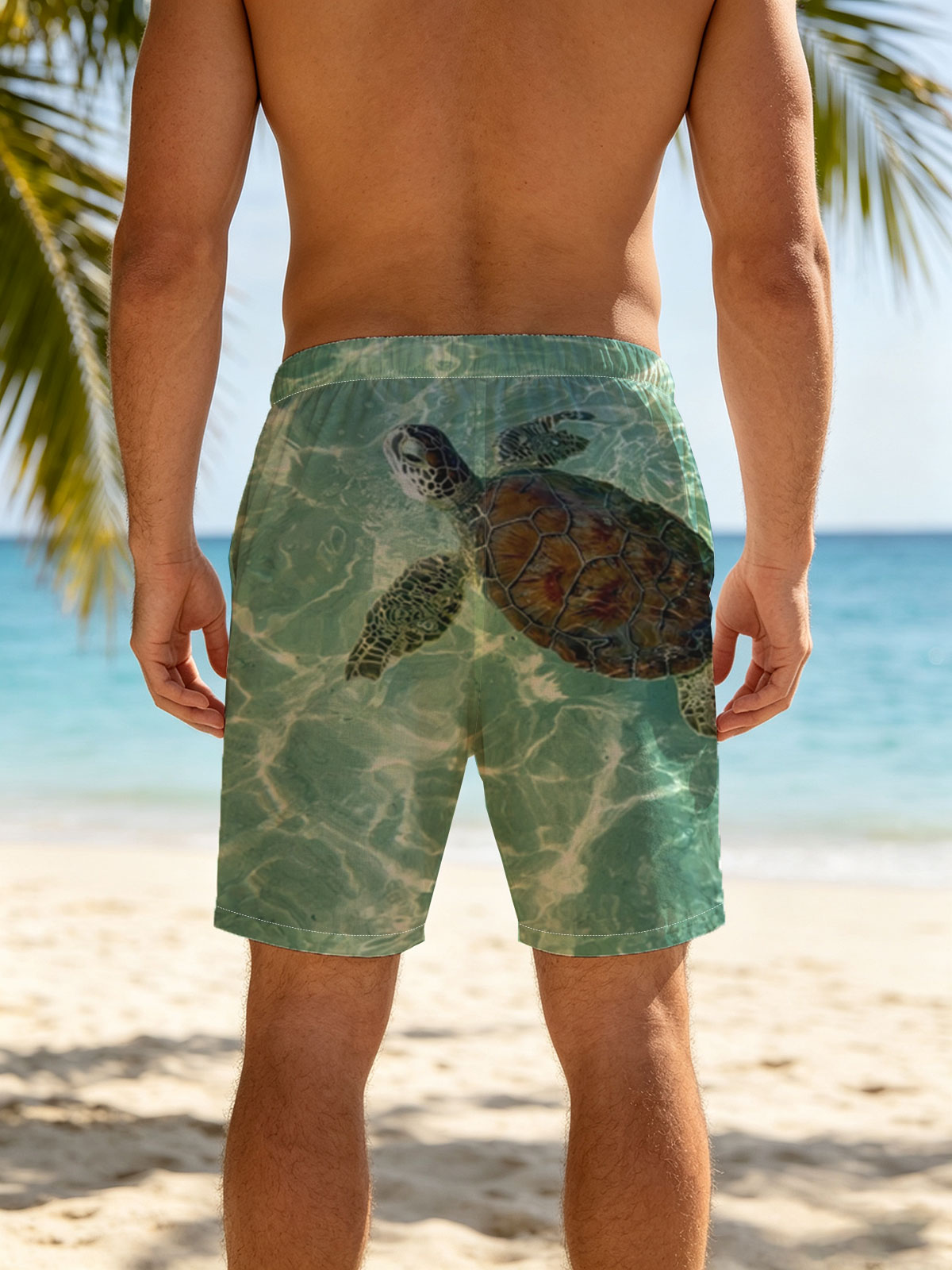 Sea Turtle Swimming in Clear Turquoise Water -  Beach shorts