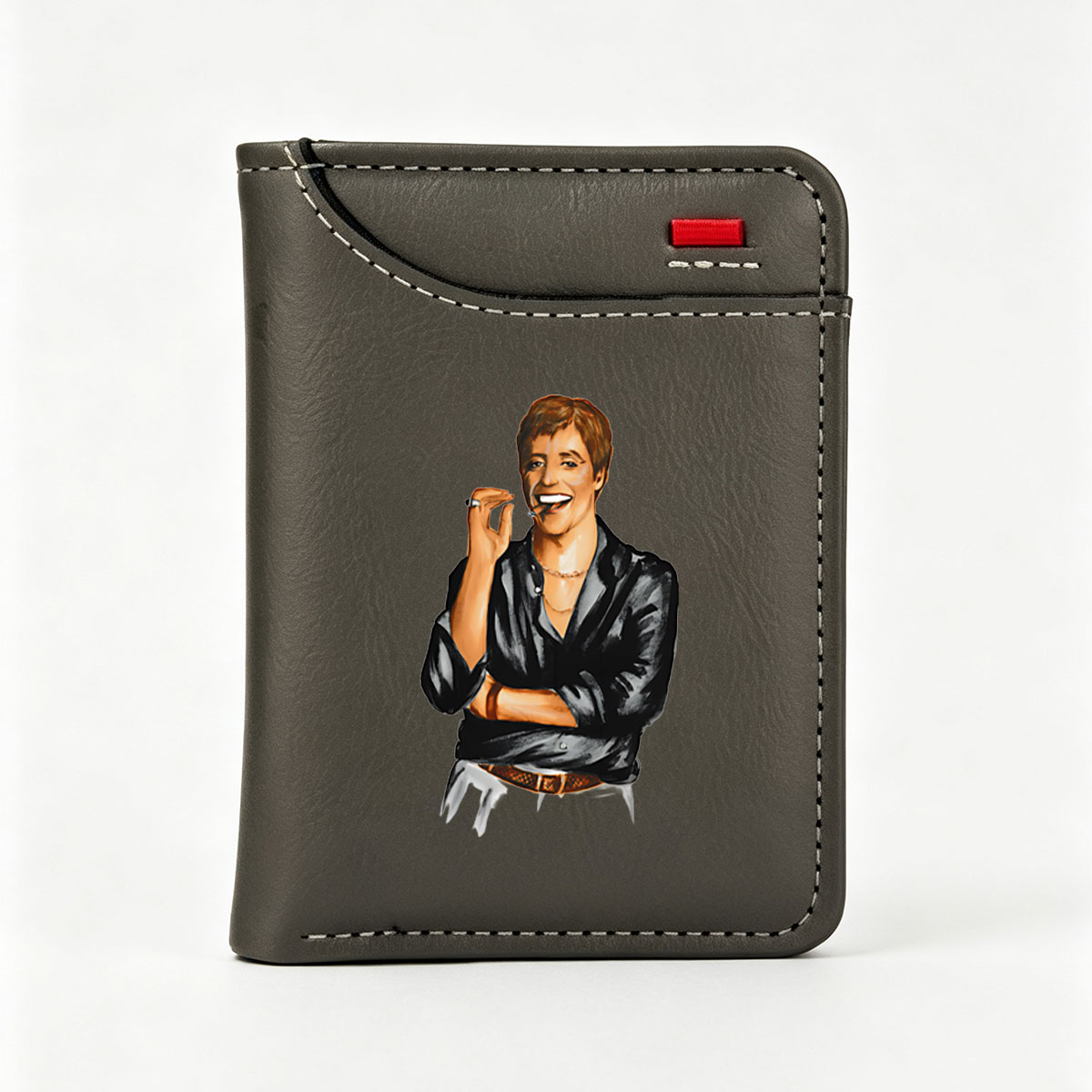 Elton John in a stylish black shirt, smiling with a cigarette in hand - Vertical Style Wallet