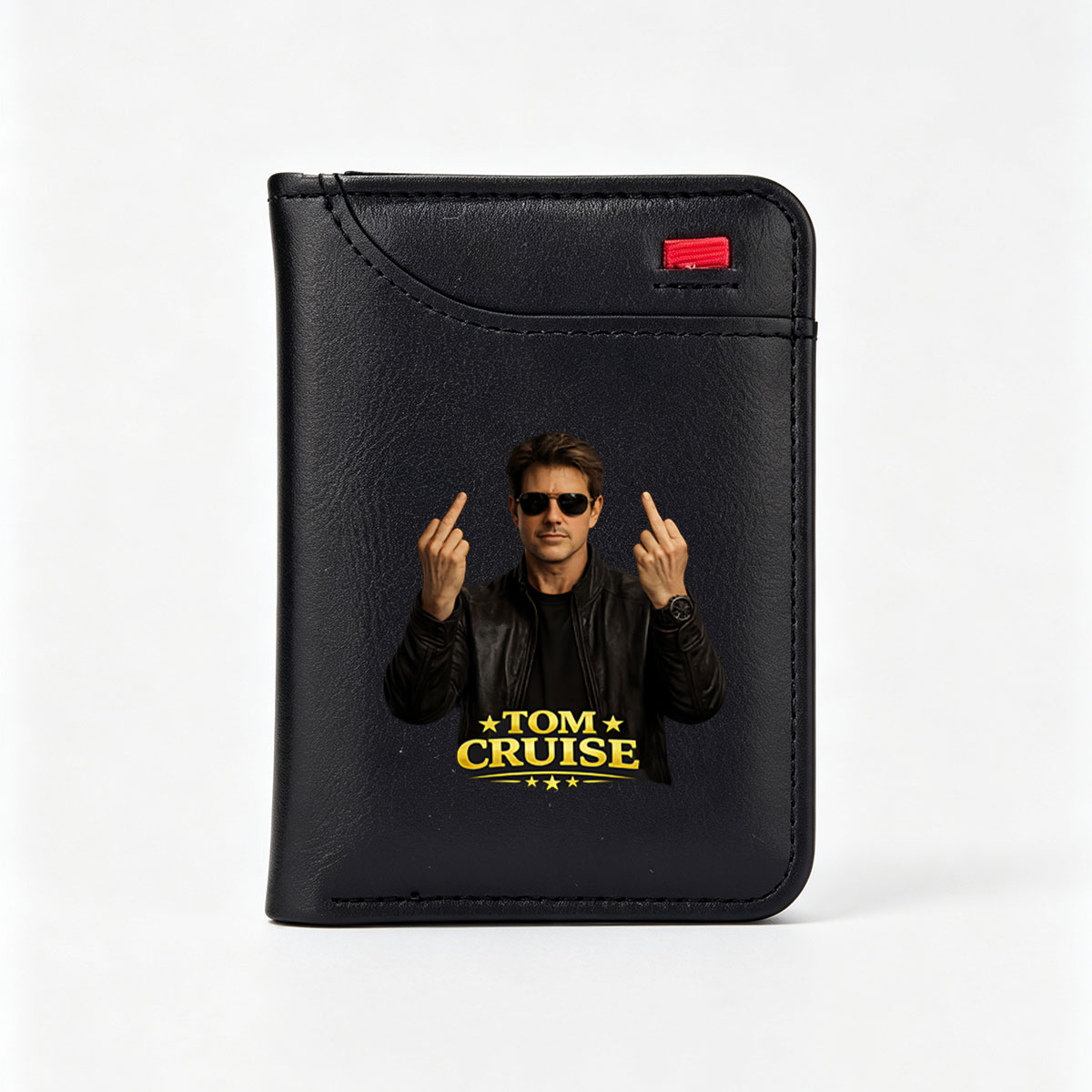 Tom Cruise in a leather jacket and sunglasses, making middle finger gestures with both hands. - Vertical Style Wallet