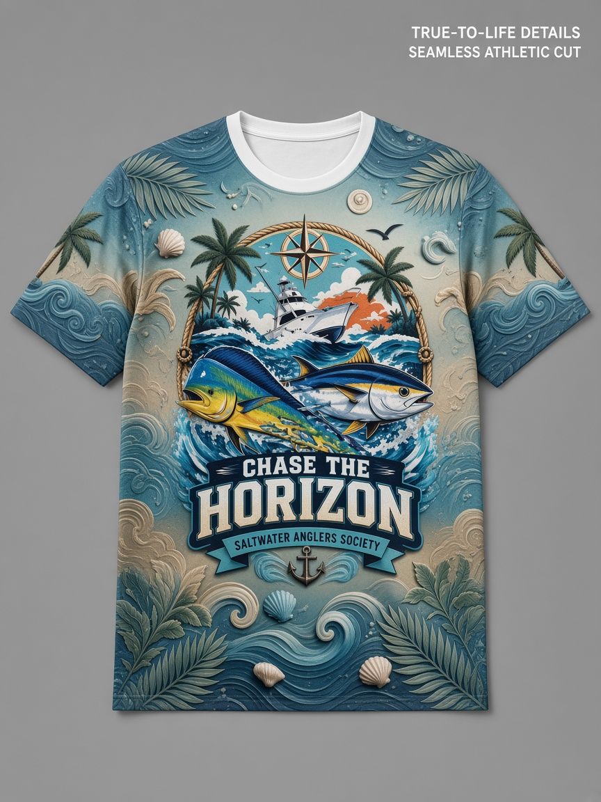 Saltwater Angler 3D Optical Illusion Graphic Tee Breathable Athletic Mesh T-Shirt for Casual and Sports Wear