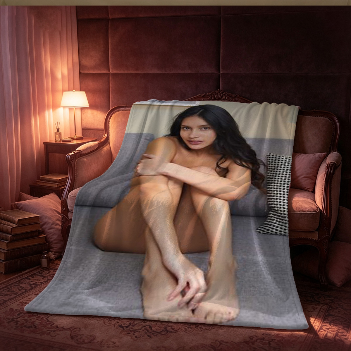 Nude Asian woman in black garter belt and stockings biting sunglasses - Blanket