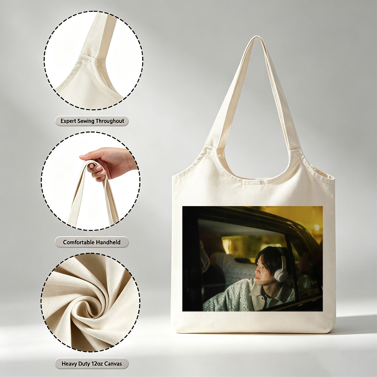 Yosuke Sugino in a Car at Night Wearing Headphones and Looking Out the Window - Canvas shoulder bags/