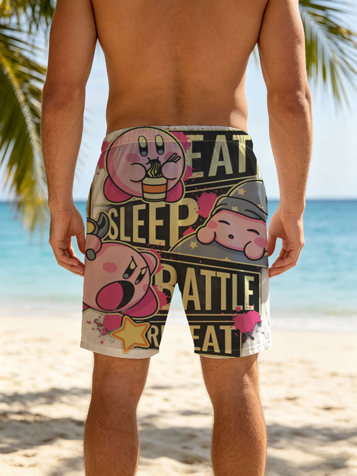 Kirby Eat Sleep Battle Repeat - Pink Star Warrior Adventure -  Beach shorts