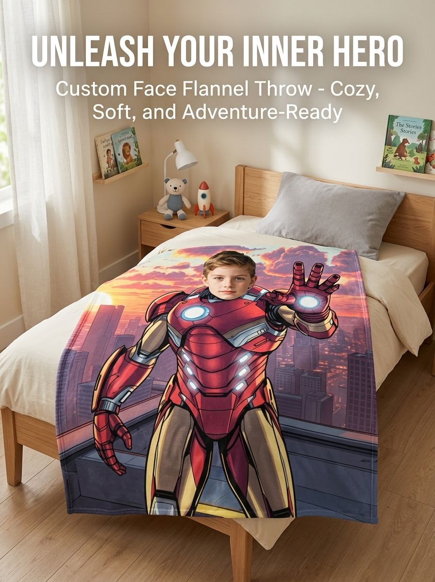 Custom Photo Superhero Flannel Blanket Personalized Soft Throw Fleece Warm Bed Cover Gift for Kids and Family