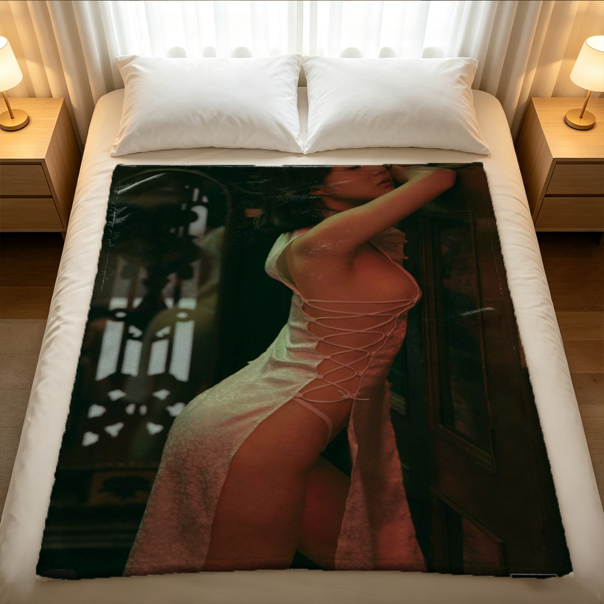 A masked woman in black lingerie and stockings poses on all fours in front of a Christmas tree. - Blanket