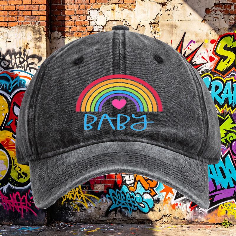Unisex Classic Washed Cap with Rainbow Heart Baby Print | Casual Streetwear Hat for Adults and Teens | Perfect for Daily Wear, Outdoor Activities, and Fashion Statements