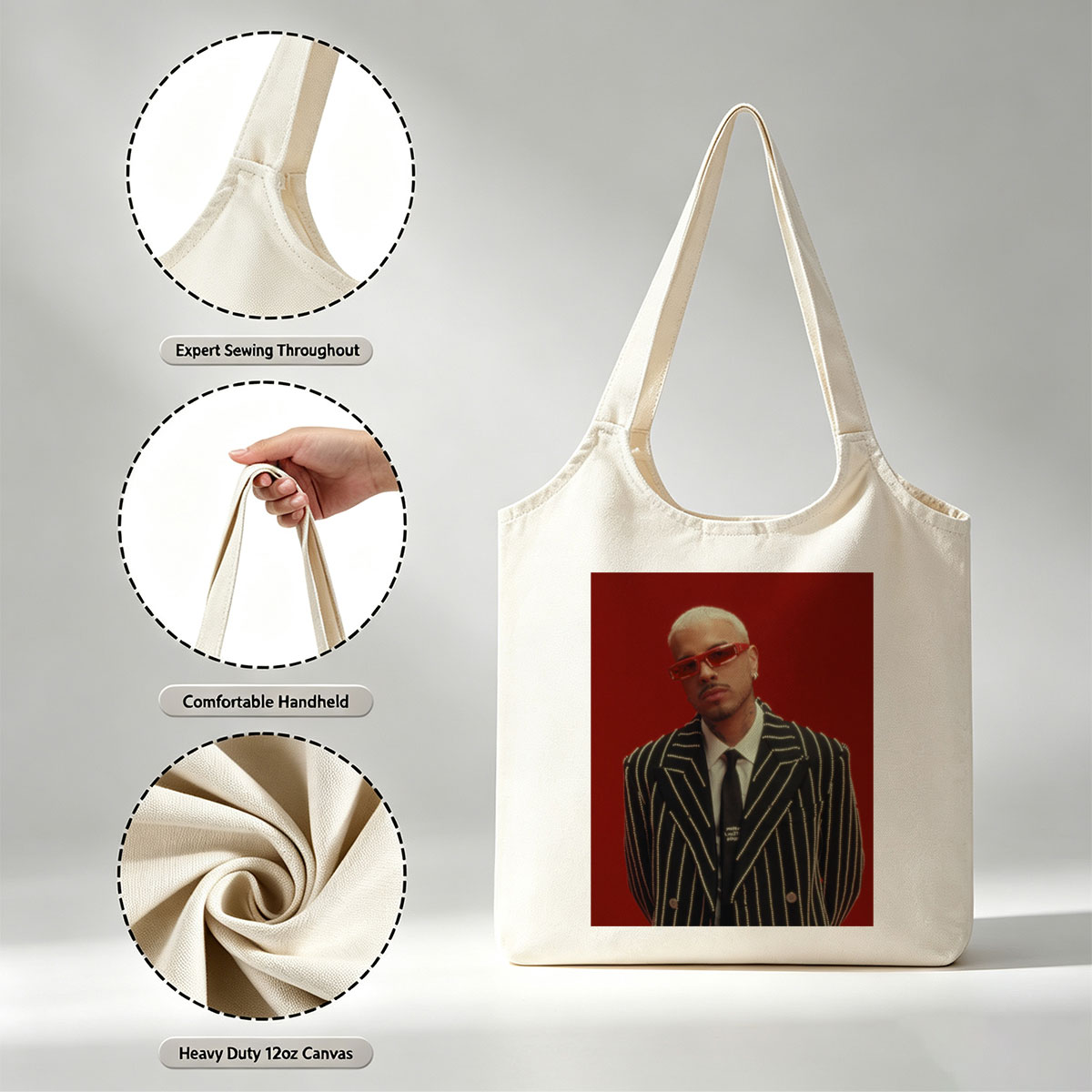J Balvin in a Striking Red-Background Portrait Wearing a Glittering Black Suit and Red Sunglasses - Canvas shoulder bags/
