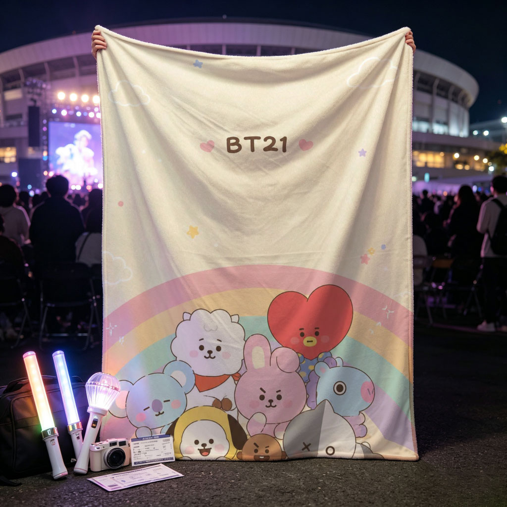 BT21 Characters Gathering Under a Rainbow in a Cute Pastel Scene - Blankets
