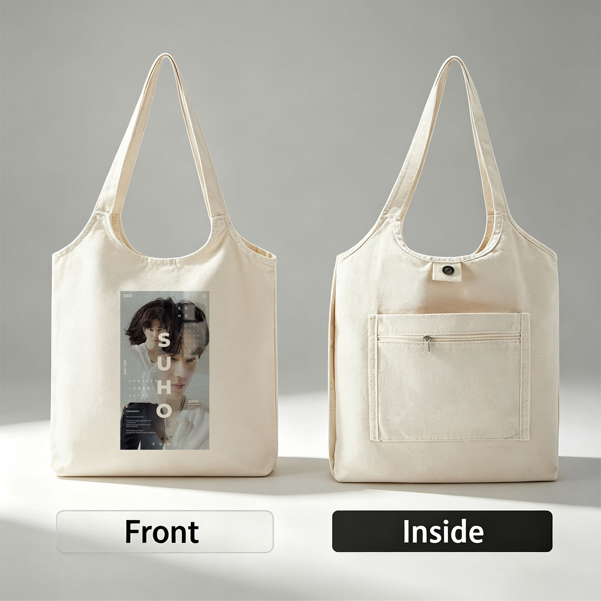 EXO Suho in a Minimalist Portrait with Overlaid Text and Soft Lighting - Canvas shoulder bags/