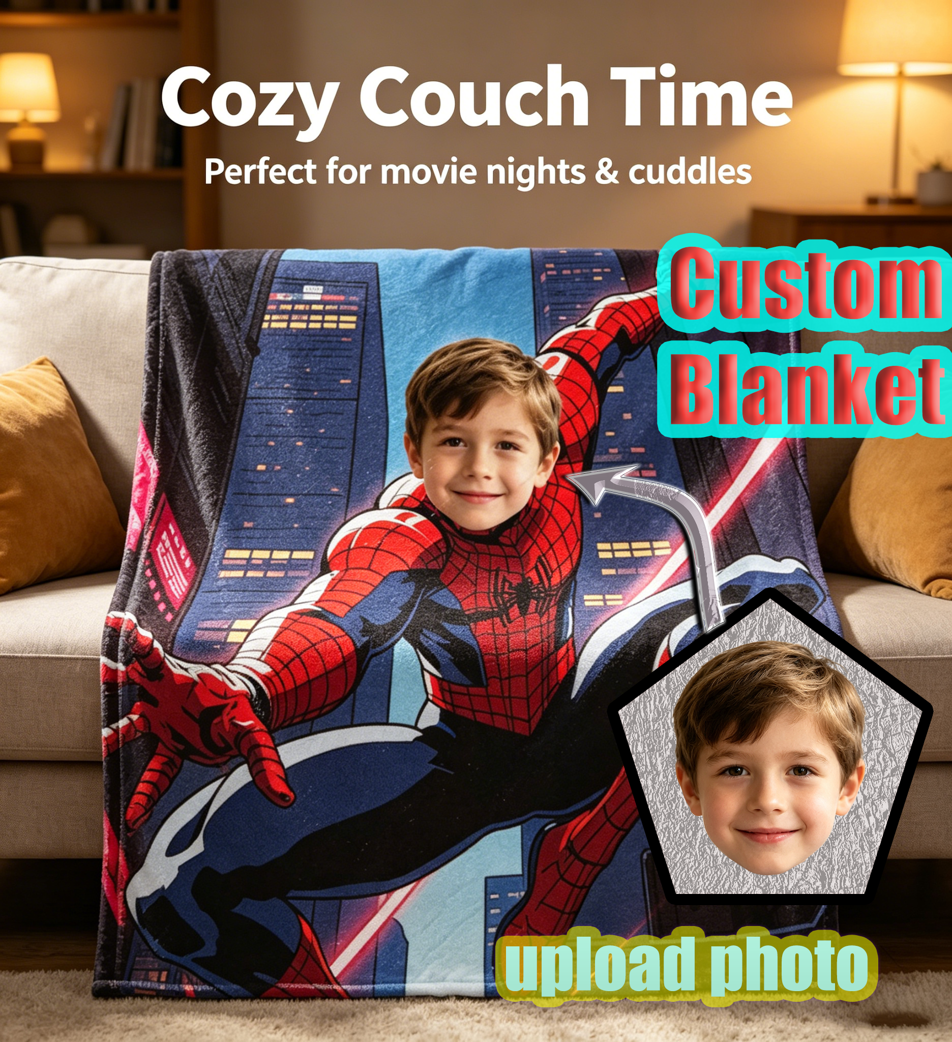 Personalized Custom Spider‑Man Photo Blanket, Upload Your Kid Photo, Superhero Custom Fleece Throw Blanket, Birthday Gift for Boys, 280g Soft Cozy Blanket for Bed Sofa