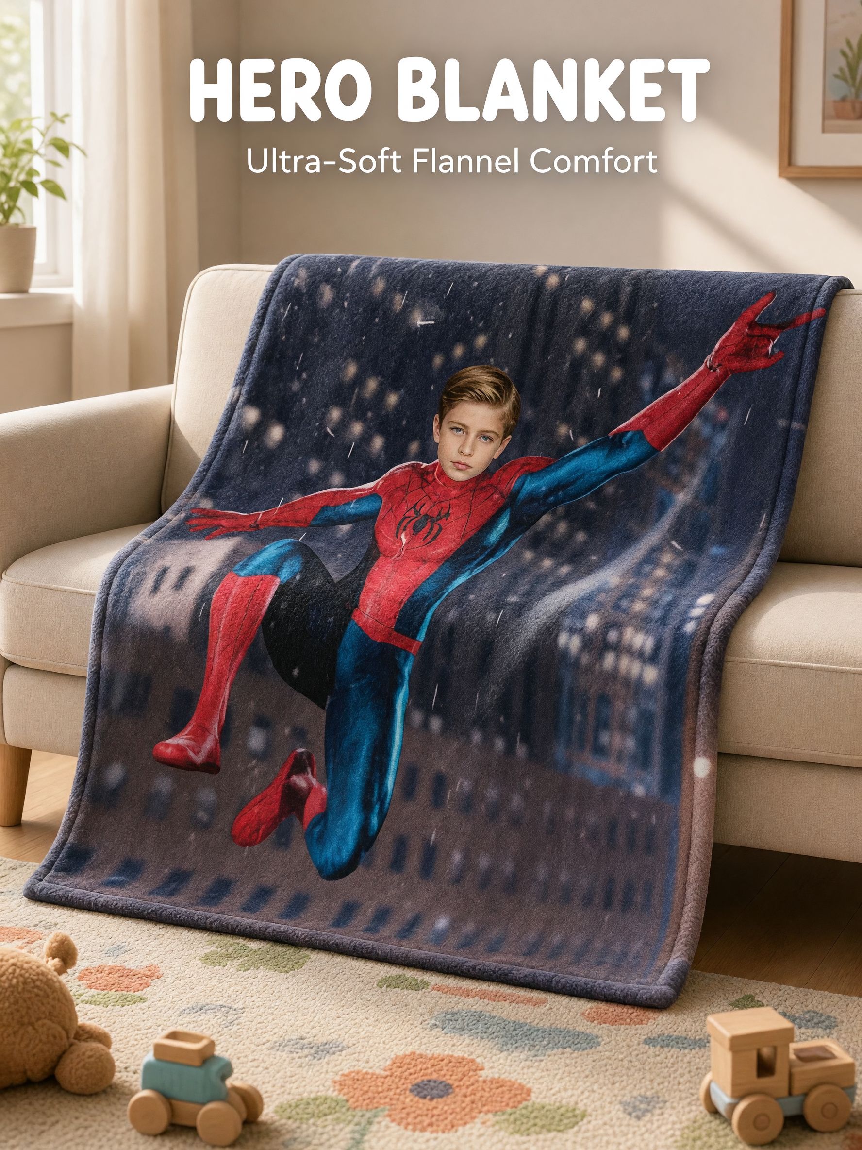 Custom Face Superhero Flannel Throw Blanket Ultra Soft Anti-Pilling Personalized Bed Gift