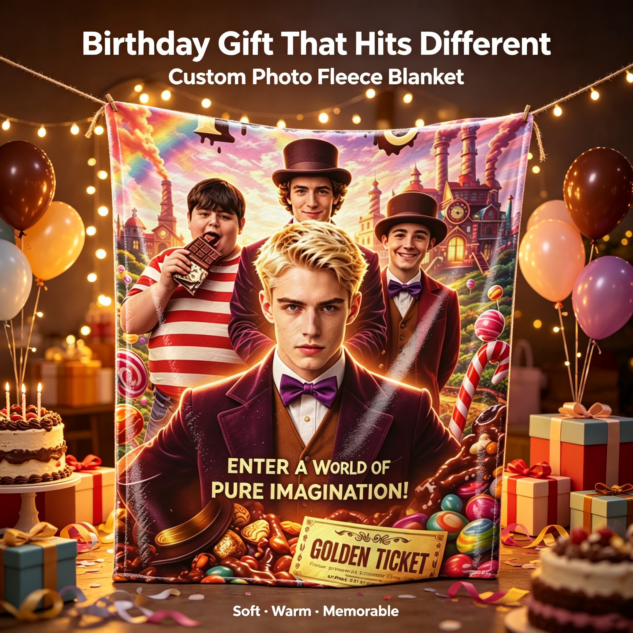 Custom Face Blanket Chocolate Factory Movie Character Flannel Blanket for Kids and Adults – Perfect Gift for Fans of Fantasy Movies and Imaginative Adventures
