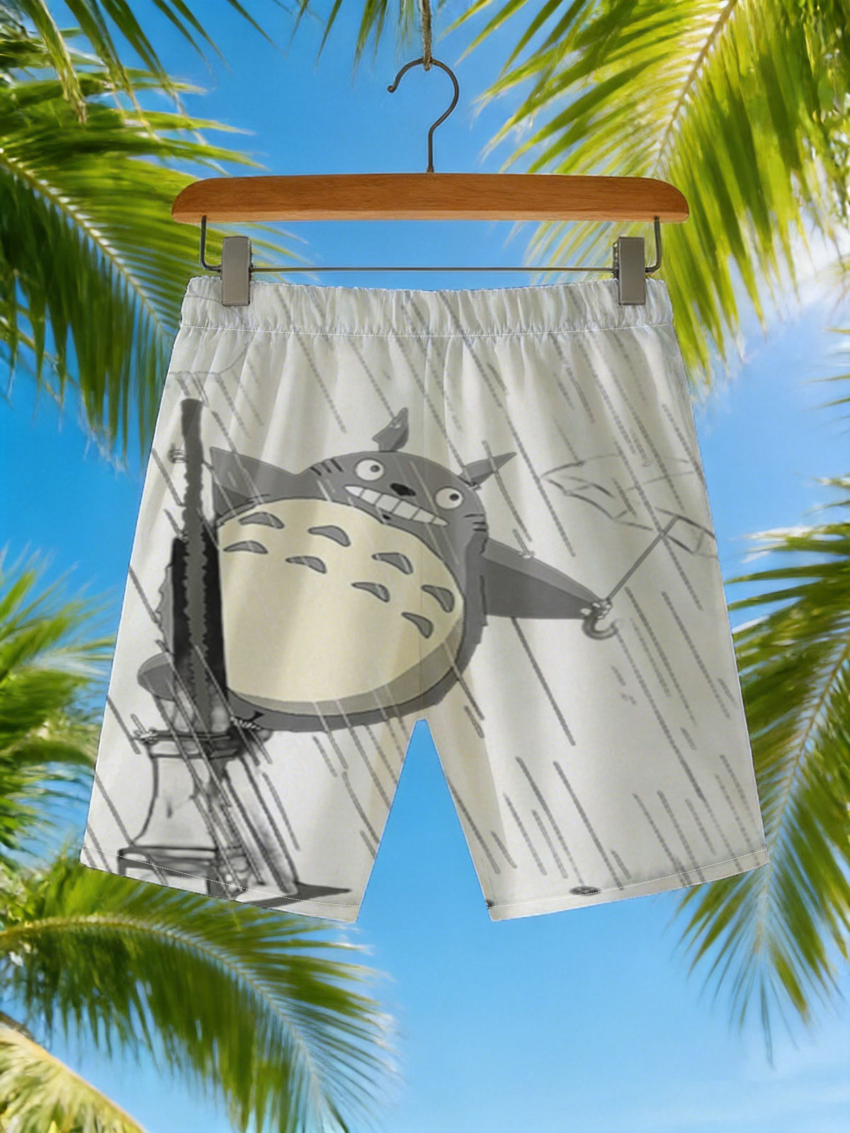 Totoro in the Rain with Umbrella and Streetlamp -  Beach shorts